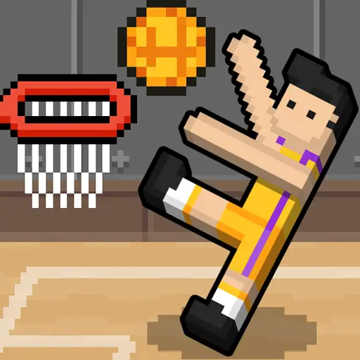 Two pixelated basketball players jumping in a funny way on a rooftop court in Basket Random.