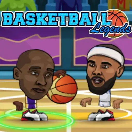 Two cartoon basketball players jumping for a slam dunk in Basketball Legends game.