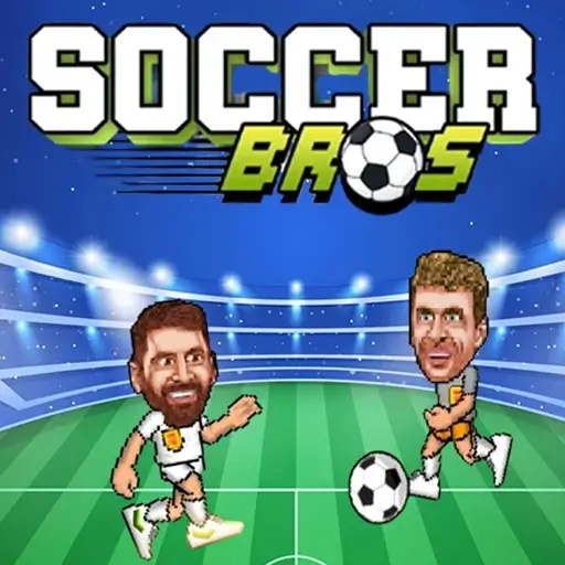 Two stylized soccer players competing for the ball in a vibrant stadium in Soccer Bros.